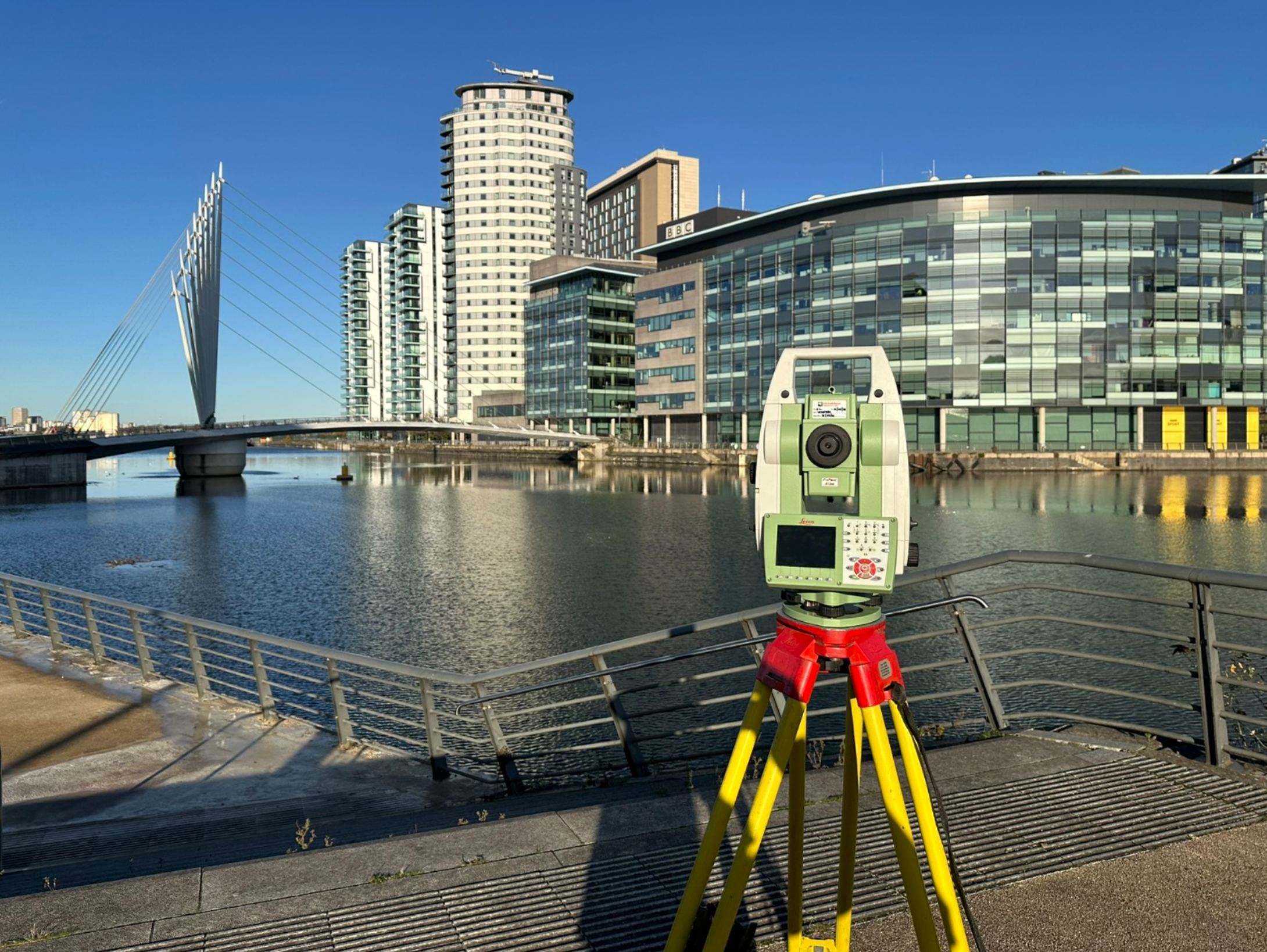 Leica Total Station surveying equipment on Manchester waterfront
